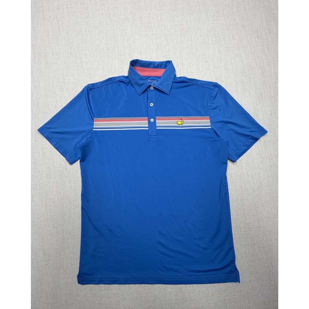 Masters Tech Mens M Blue Striped Performance Golf Polo Shirt Tournament Logo